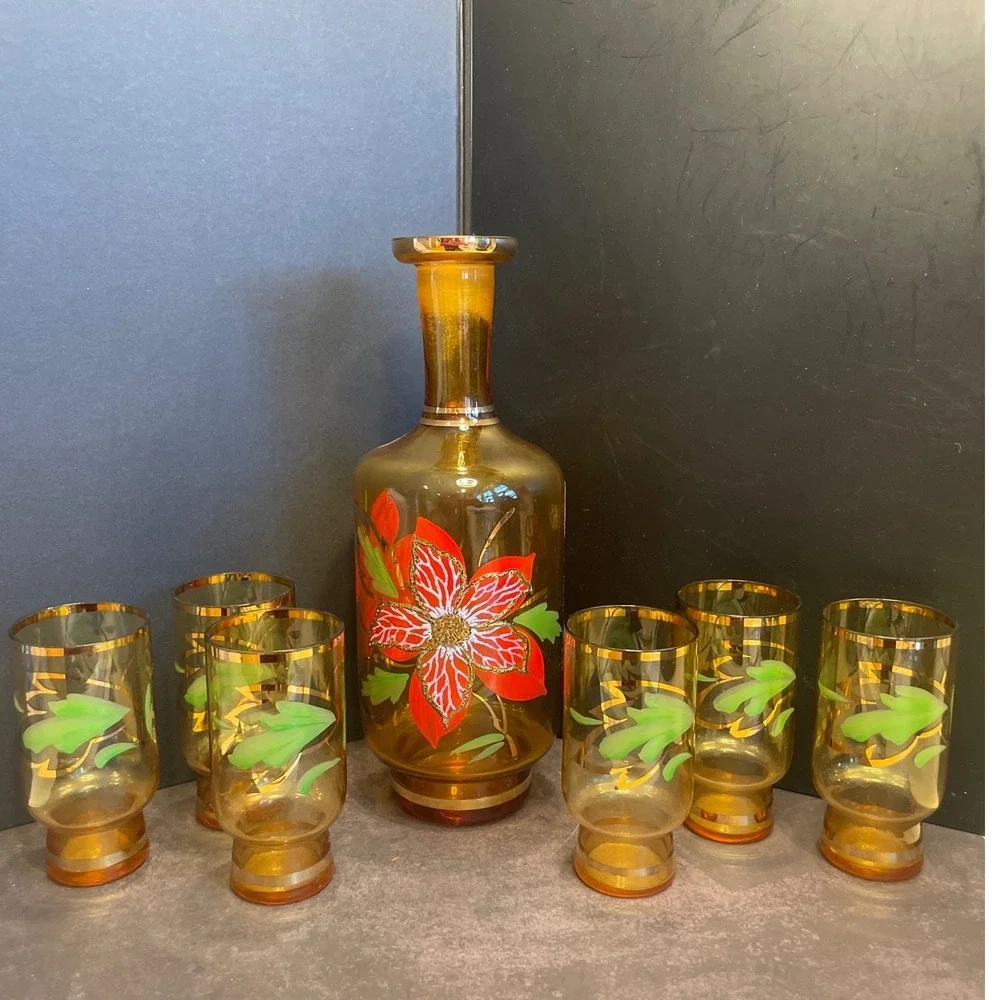 Amber Glass Red Flower Decanter Green Leaf Glasses Vintage Barware Gold Trim